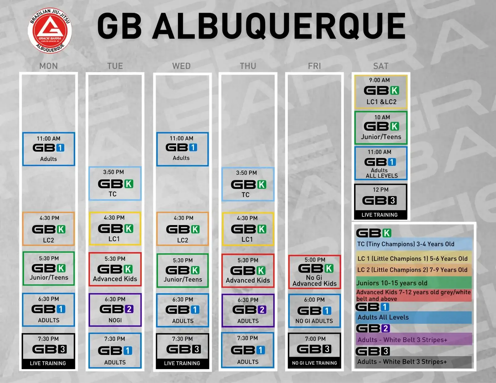 Gracie Barra Albuquerque weekly class schedule